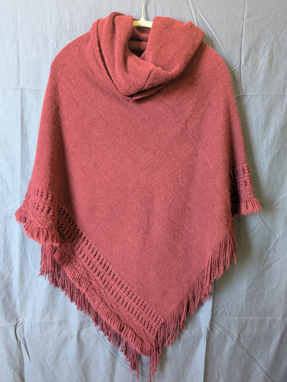 Lovecrazy Burgundy Cowl Fringed Poncho Sweater